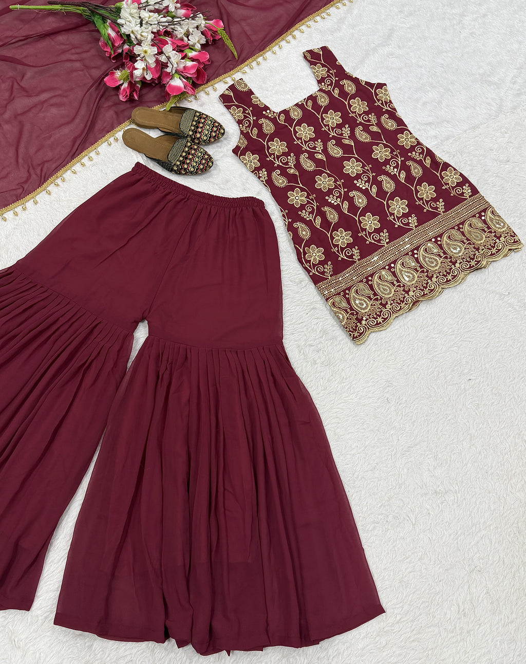 Maroon Embroidered French Crepe Kurta Sharara Set with Dupatta