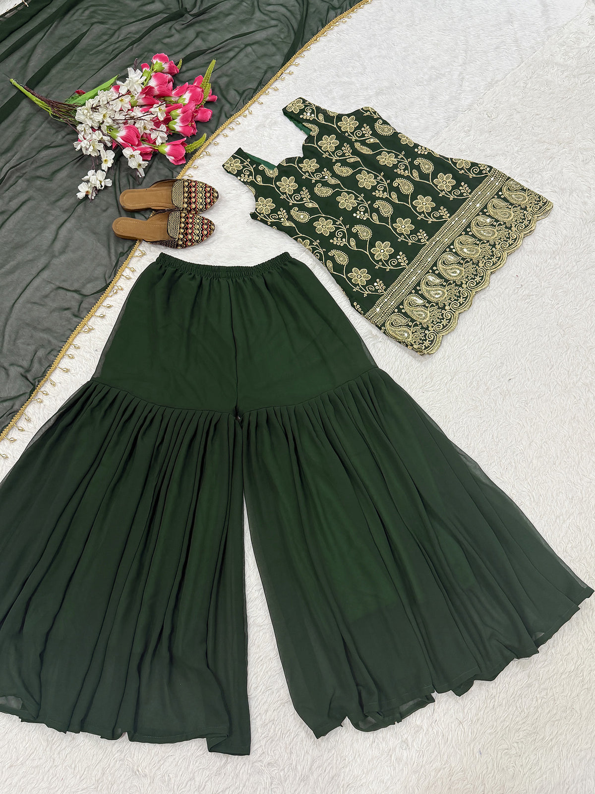 Dark Green Embroidered French Crepe Kurta Sharara Set with Dupatta