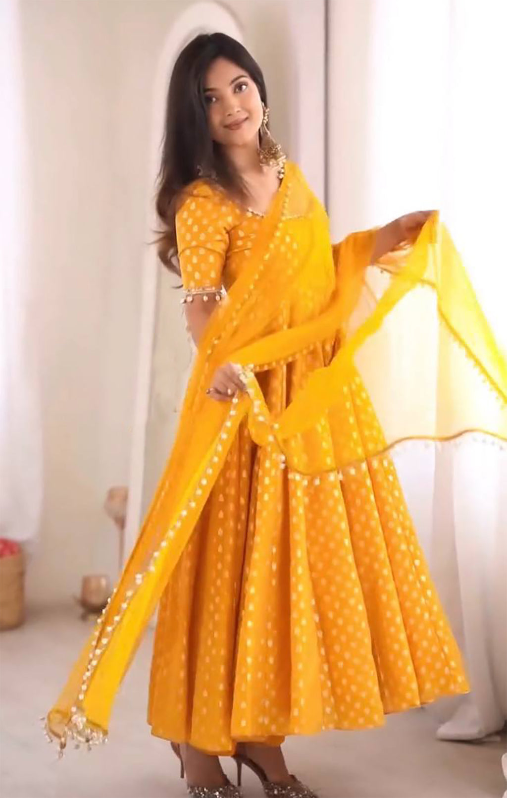 Yellow Chanderi Jacquard Anarkali Suit with Mirror Work & Dupatta