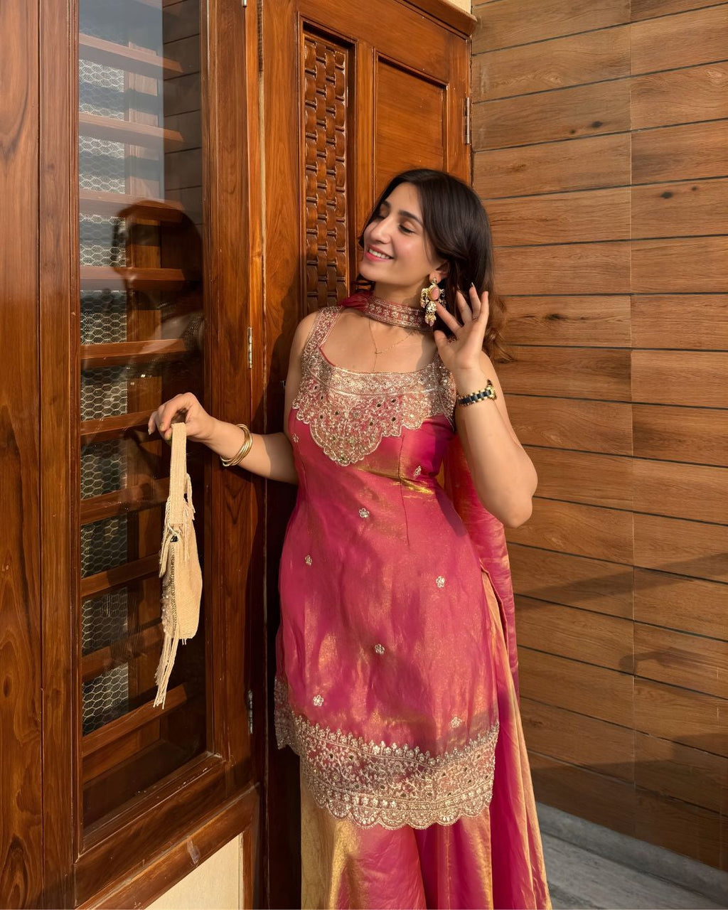 Pink Fendy Silk Sharara Suit with Sequin Embroidery & Dupatta