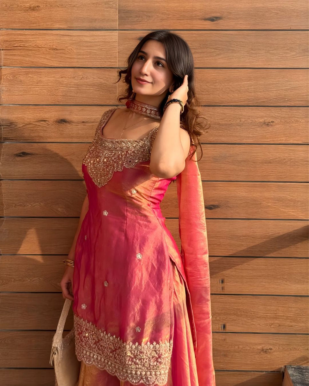 Pink Fendy Silk Sharara Suit with Sequin Embroidery & Dupatta
