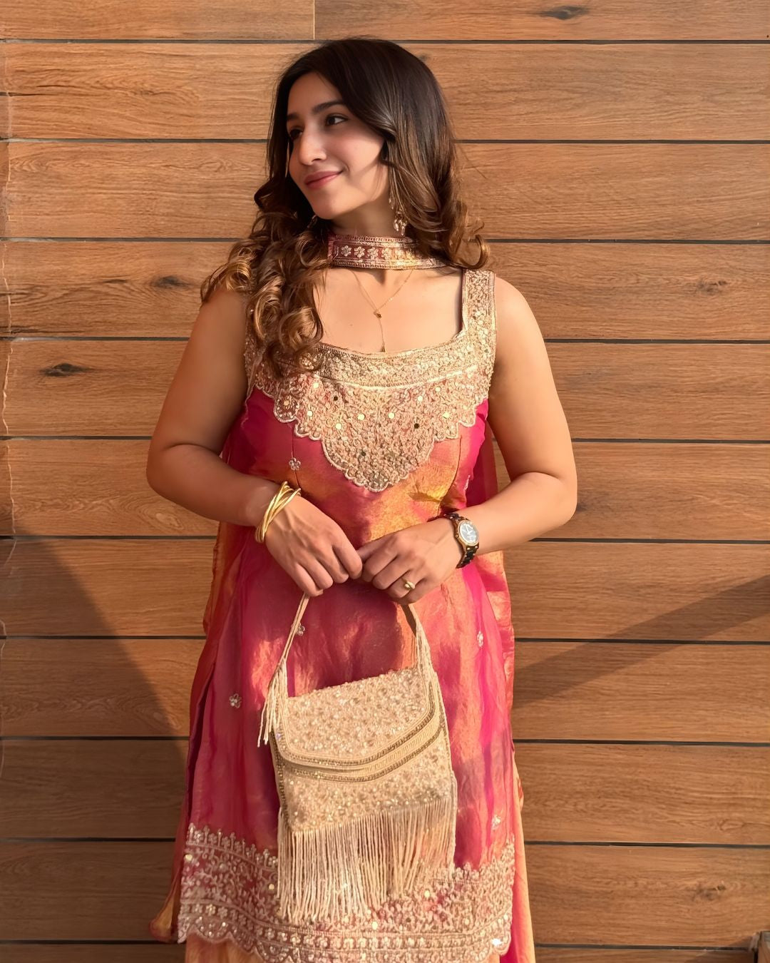 Pink Fendy Silk Sharara Suit with Sequin Embroidery & Dupatta