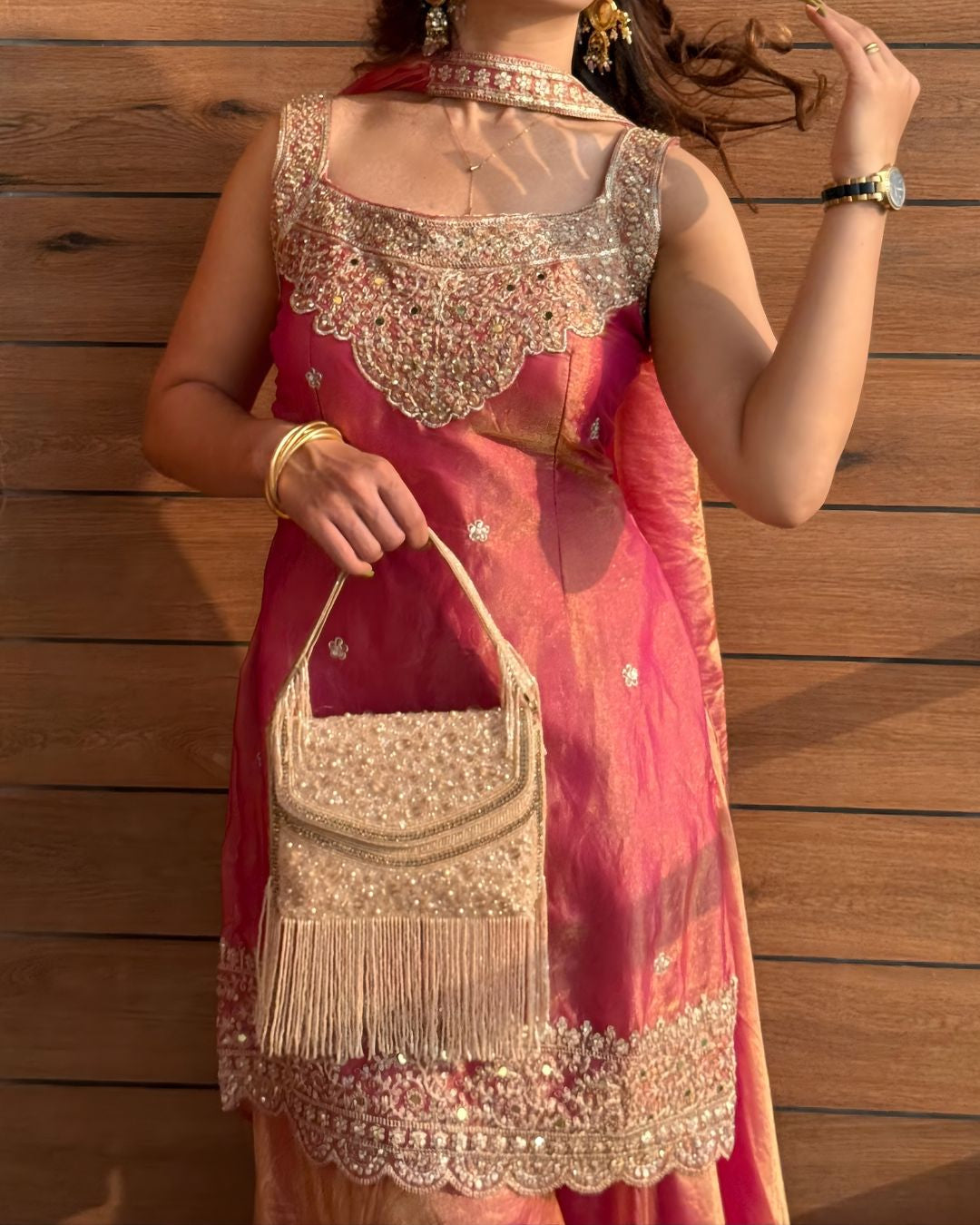 Pink Fendy Silk Sharara Suit with Sequin Embroidery & Dupatta