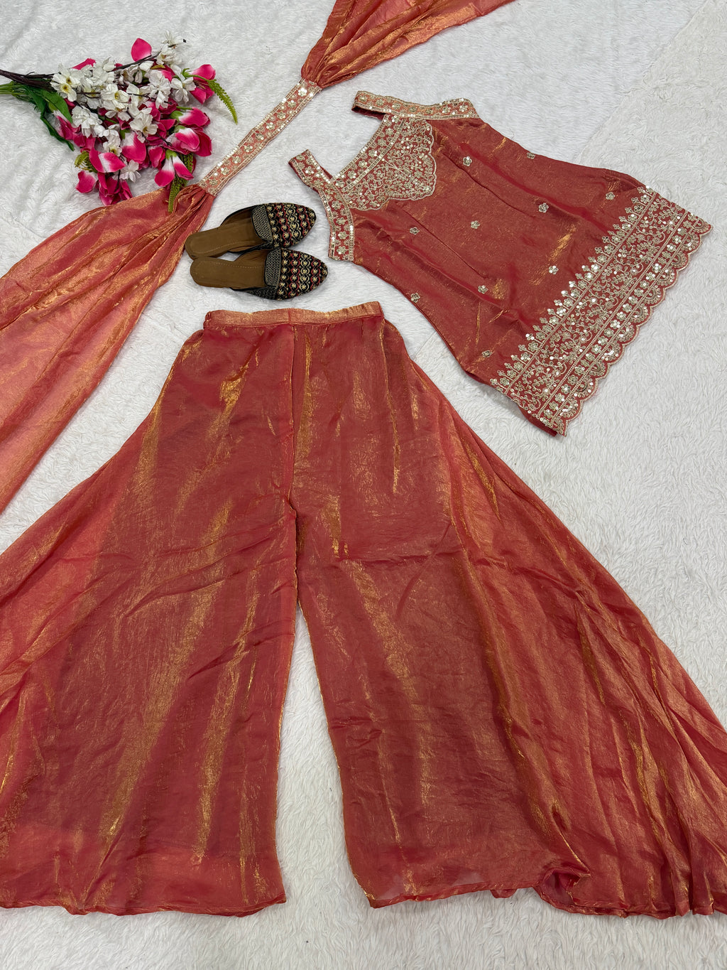Pink Fendy Silk Sharara Suit with Sequin Embroidery & Dupatta