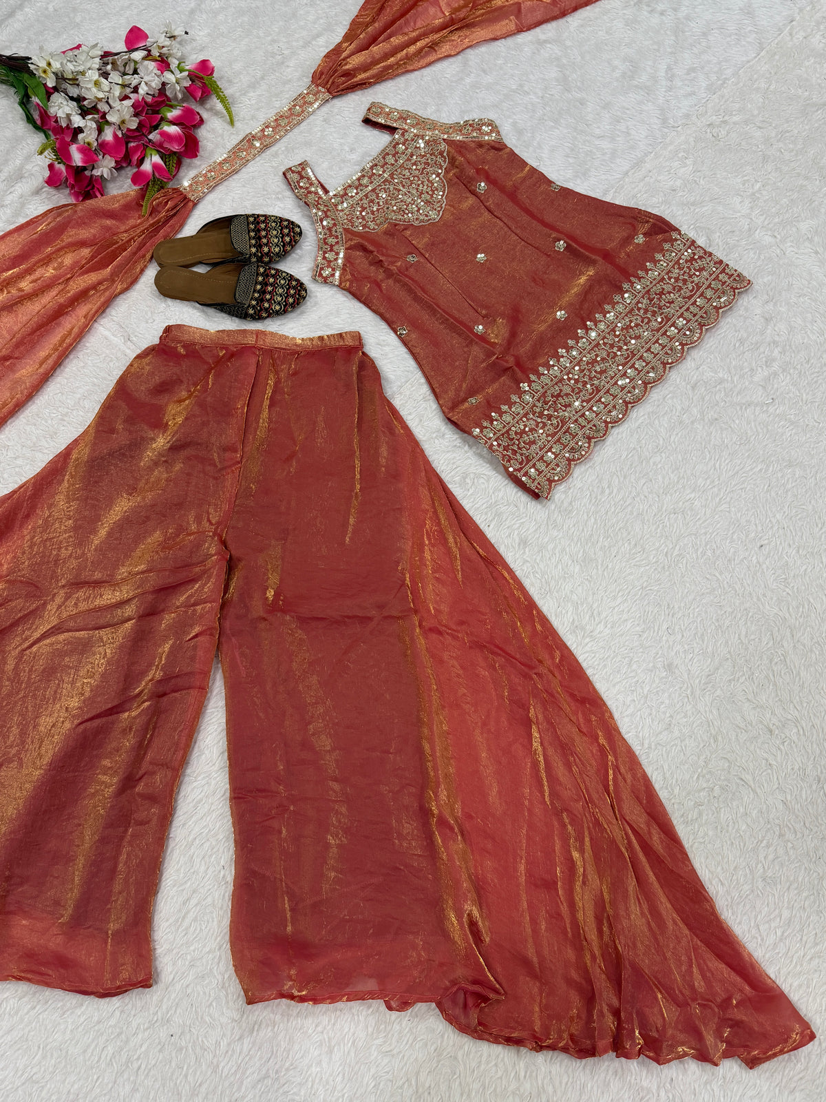 Pink Fendy Silk Sharara Suit with Sequin Embroidery & Dupatta