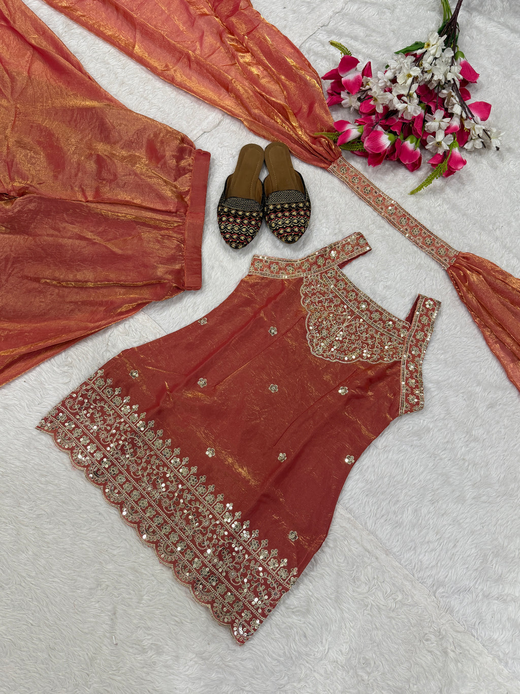 Pink Fendy Silk Sharara Suit with Sequin Embroidery & Dupatta