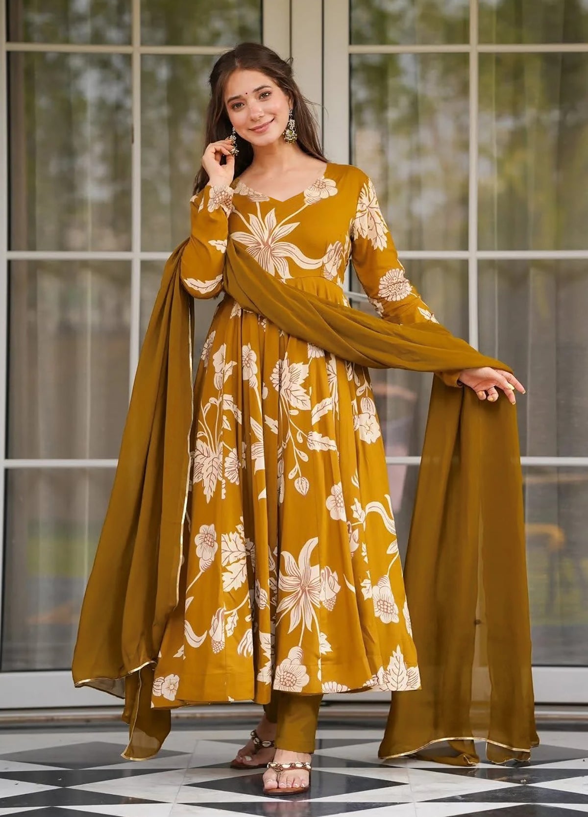 Mustard Vaani Printed Anarkali Pant Dupatta Set for Women