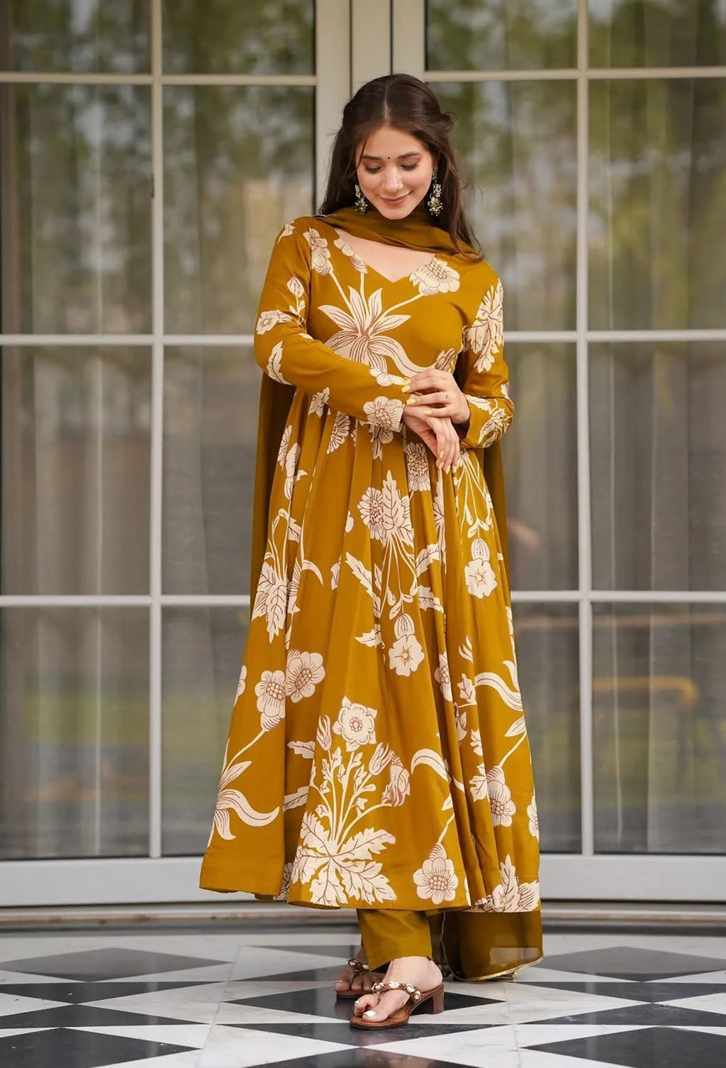 Mustard Vaani Printed Anarkali Pant Dupatta Set for Women