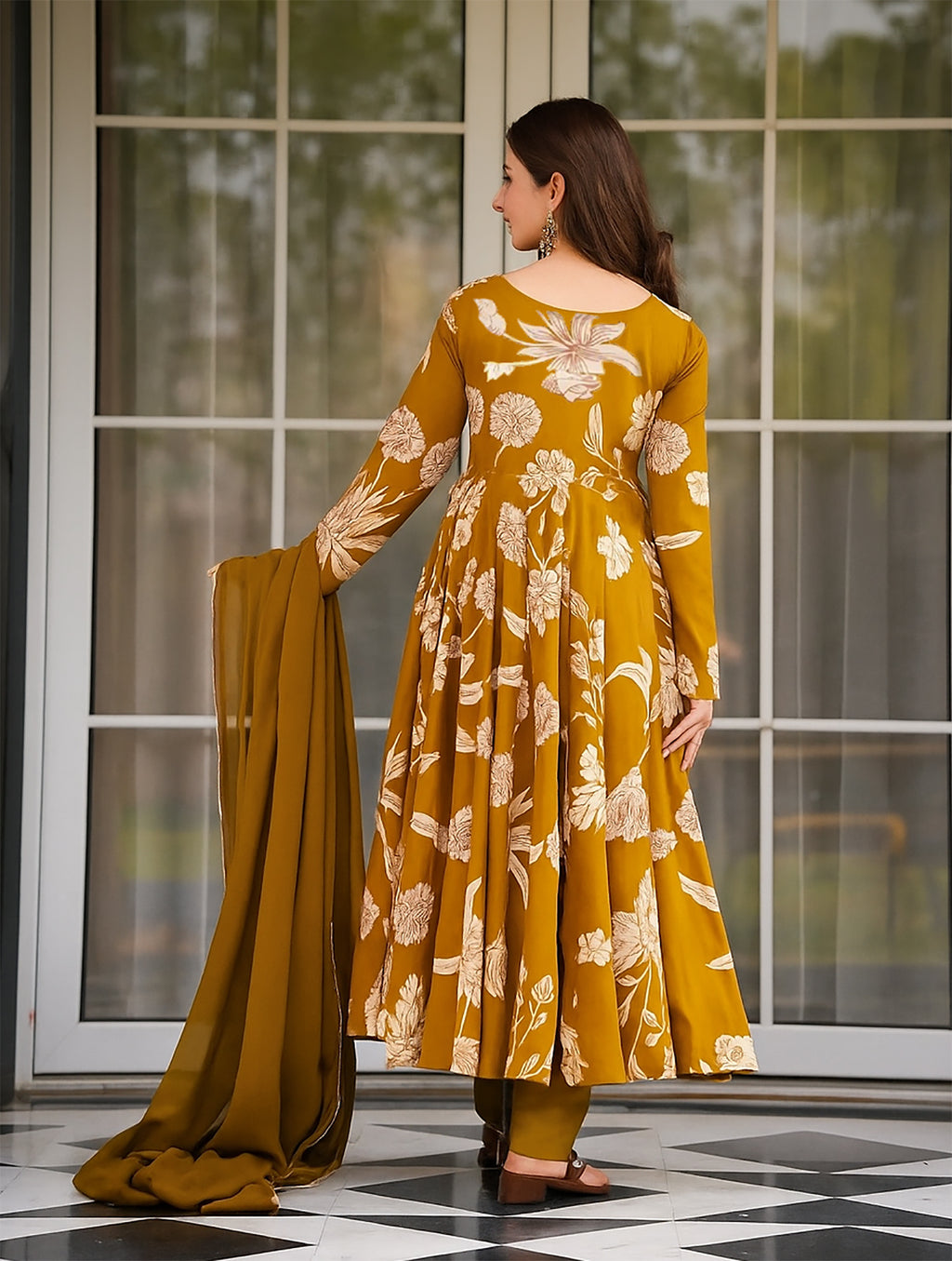 Mustard Vaani Printed Anarkali Pant Dupatta Set for Women