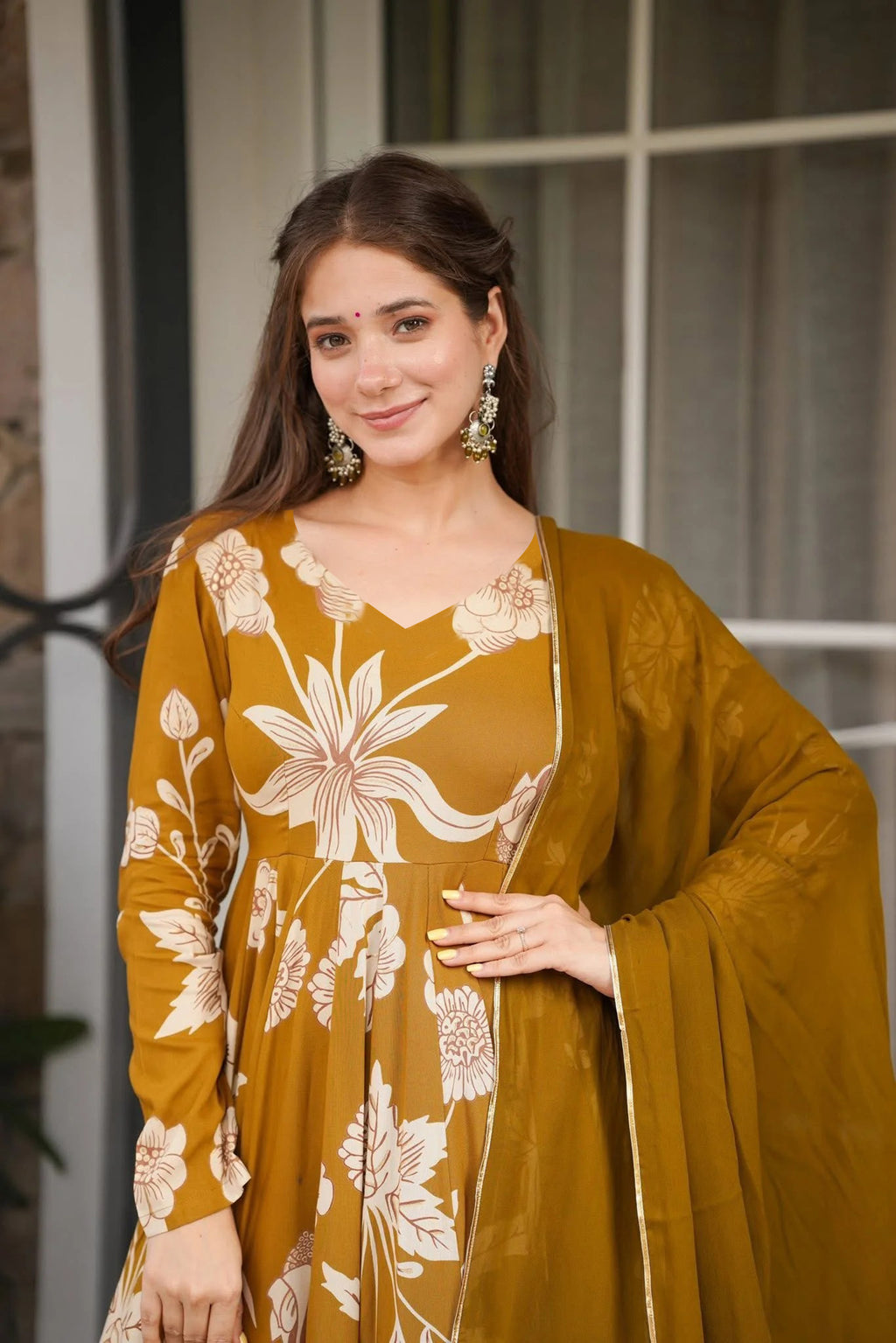 Mustard Vaani Printed Anarkali Pant Dupatta Set for Women