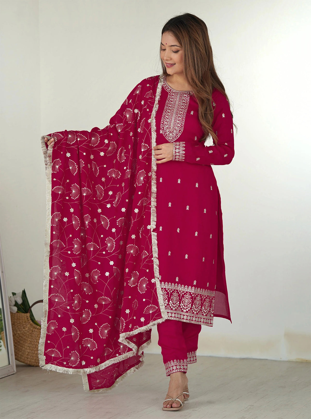 Pink Valam Embroidered Georgette Kurta Pant Dupatta Set for Women