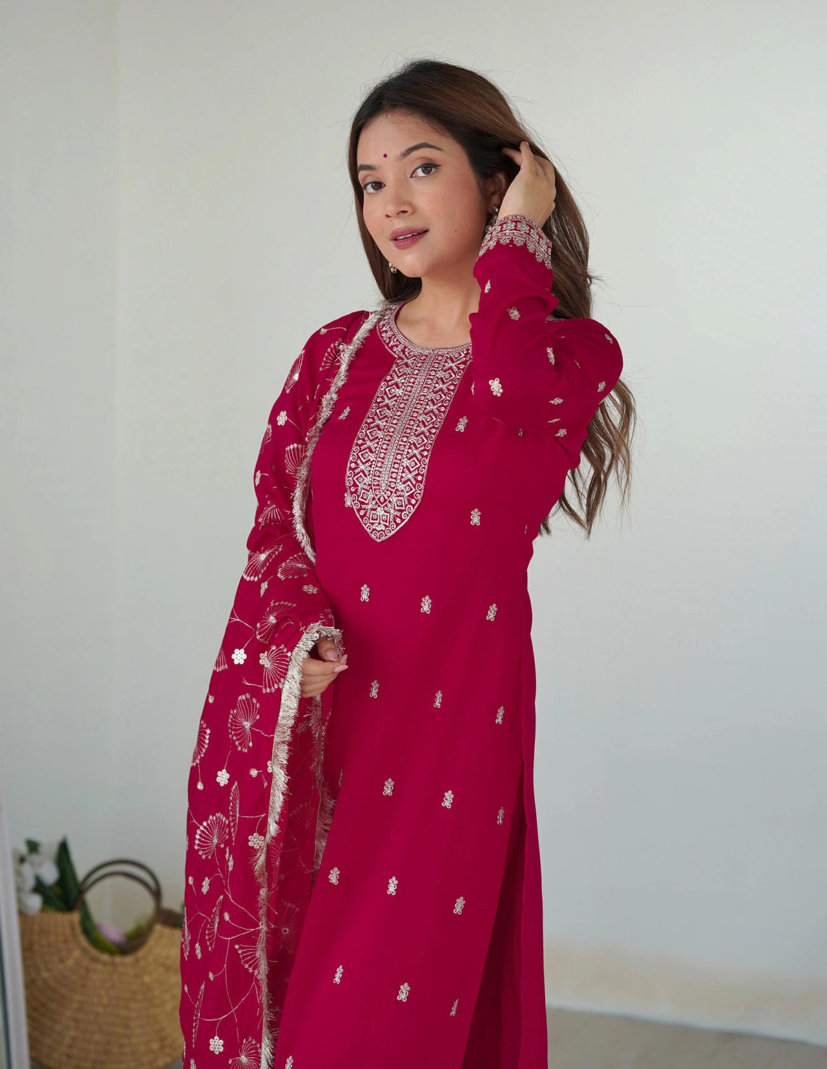 Pink Valam Embroidered Georgette Kurta Pant Dupatta Set for Women