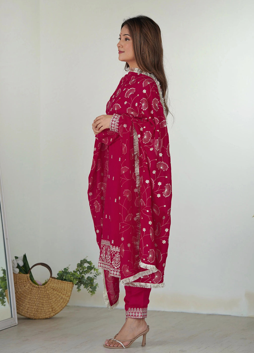 Pink Valam Embroidered Georgette Kurta Pant Dupatta Set for Women