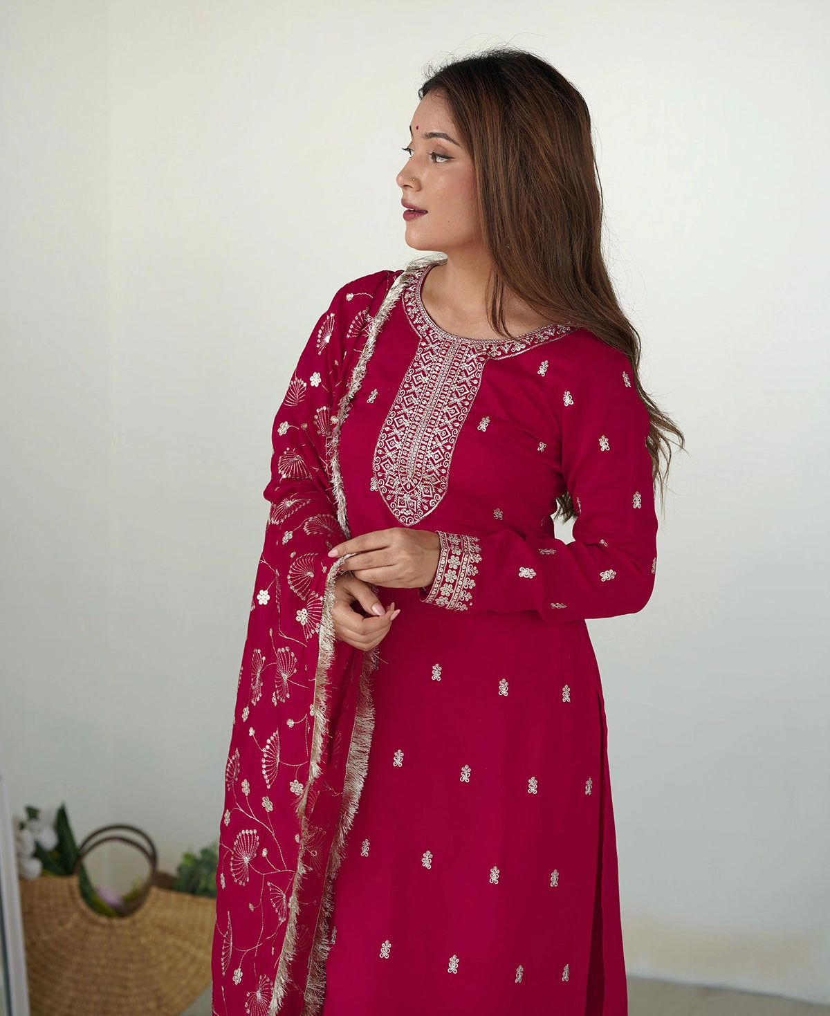 Pink Valam Embroidered Georgette Kurta Pant Dupatta Set for Women