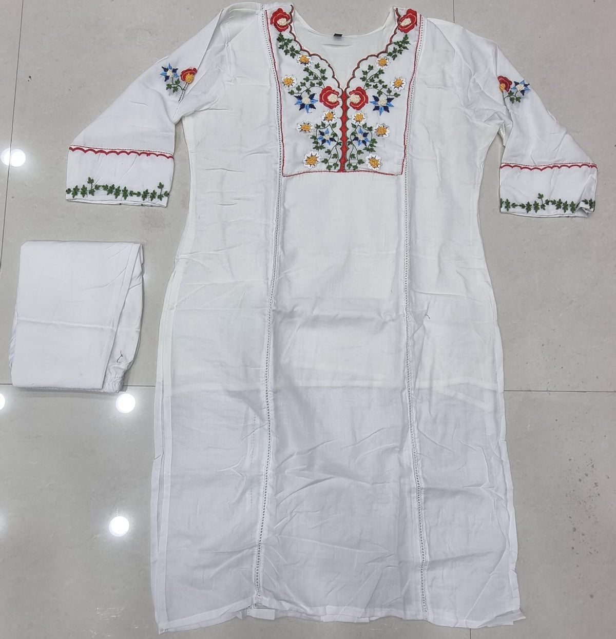 Premium Cotton Embroidered & Khatli Hand Work Kurti Set