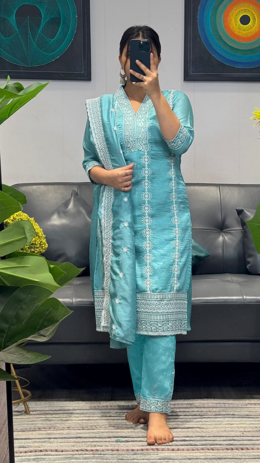 Sky Blue Embroidered Vichitra Kurta Set with Matching Dupatta