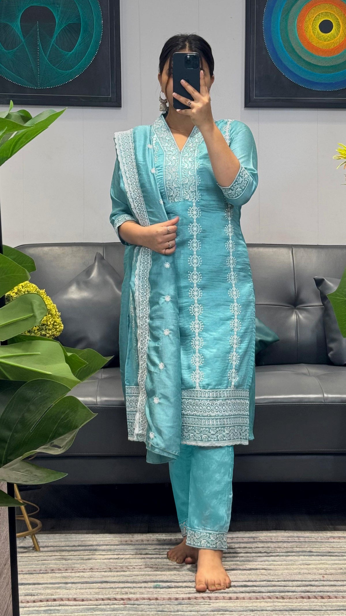 Sky Blue Embroidered Vichitra Kurta Set with Matching Dupatta
