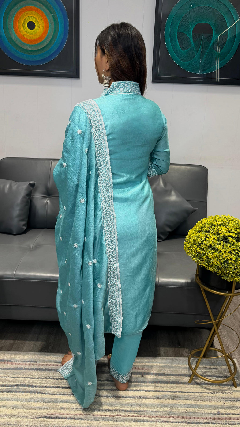 Sky Blue Embroidered Vichitra Kurta Set with Matching Dupatta