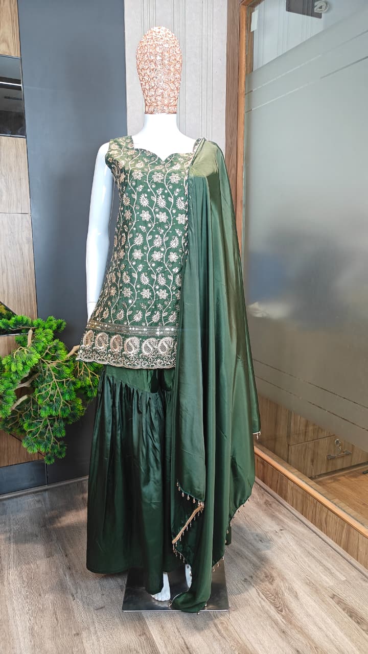 Dark Green Embroidered French Crepe Kurta Sharara Set with Dupatta
