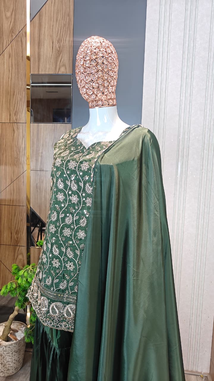 Dark Green Embroidered French Crepe Kurta Sharara Set with Dupatta