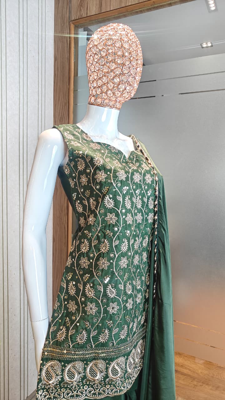 Dark Green Embroidered French Crepe Kurta Sharara Set with Dupatta