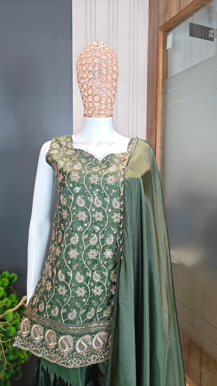 Dark Green Embroidered French Crepe Kurta Sharara Set with Dupatta