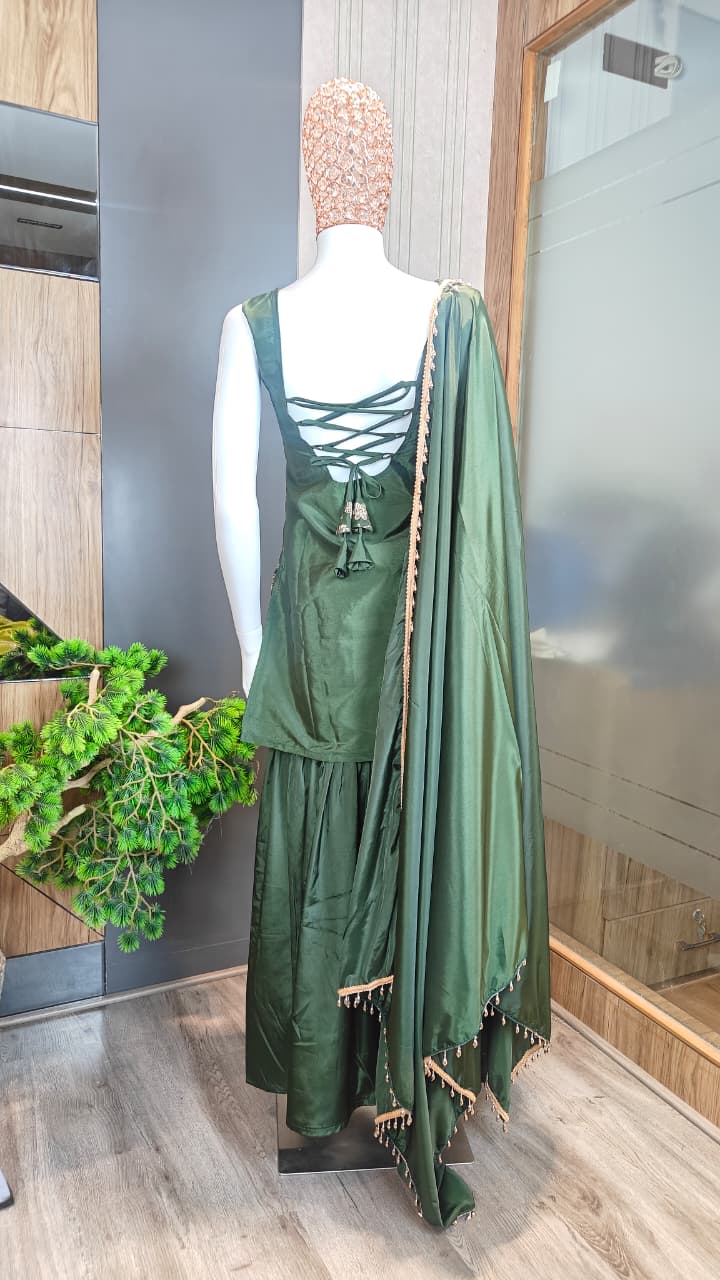Dark Green Embroidered French Crepe Kurta Sharara Set with Dupatta