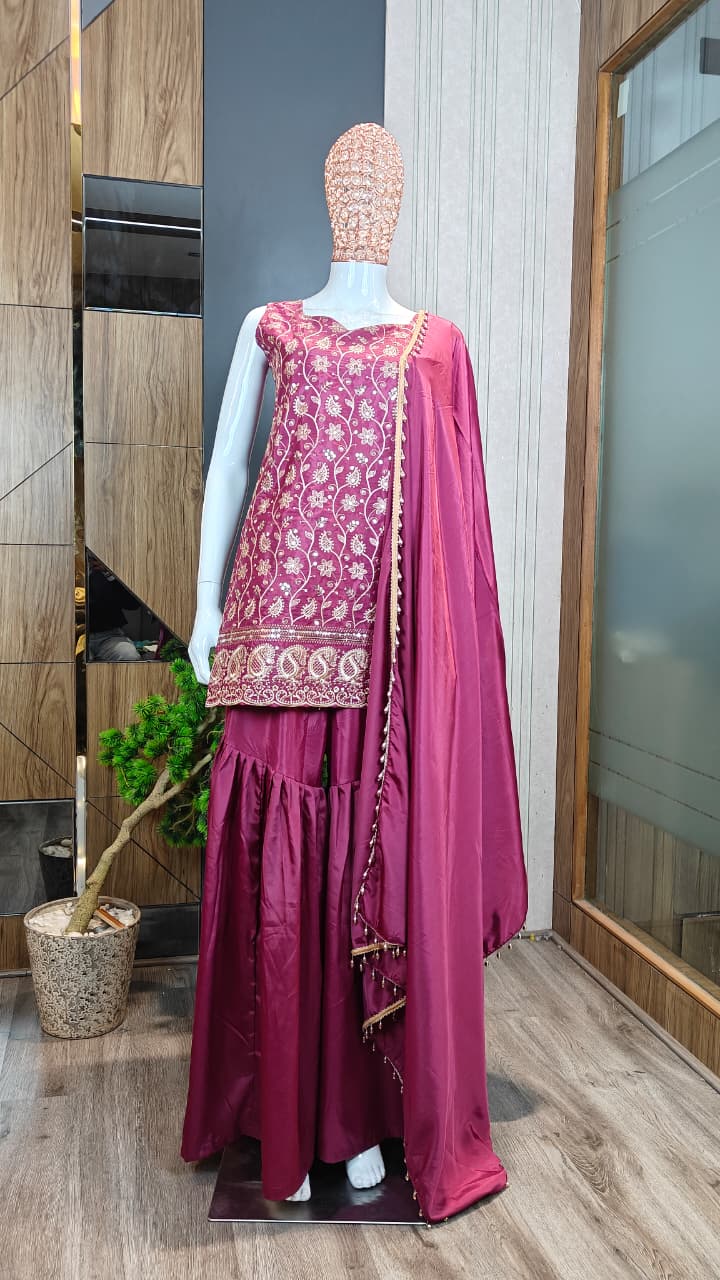 Maroon Embroidered French Crepe Kurta Sharara Set with Dupatta