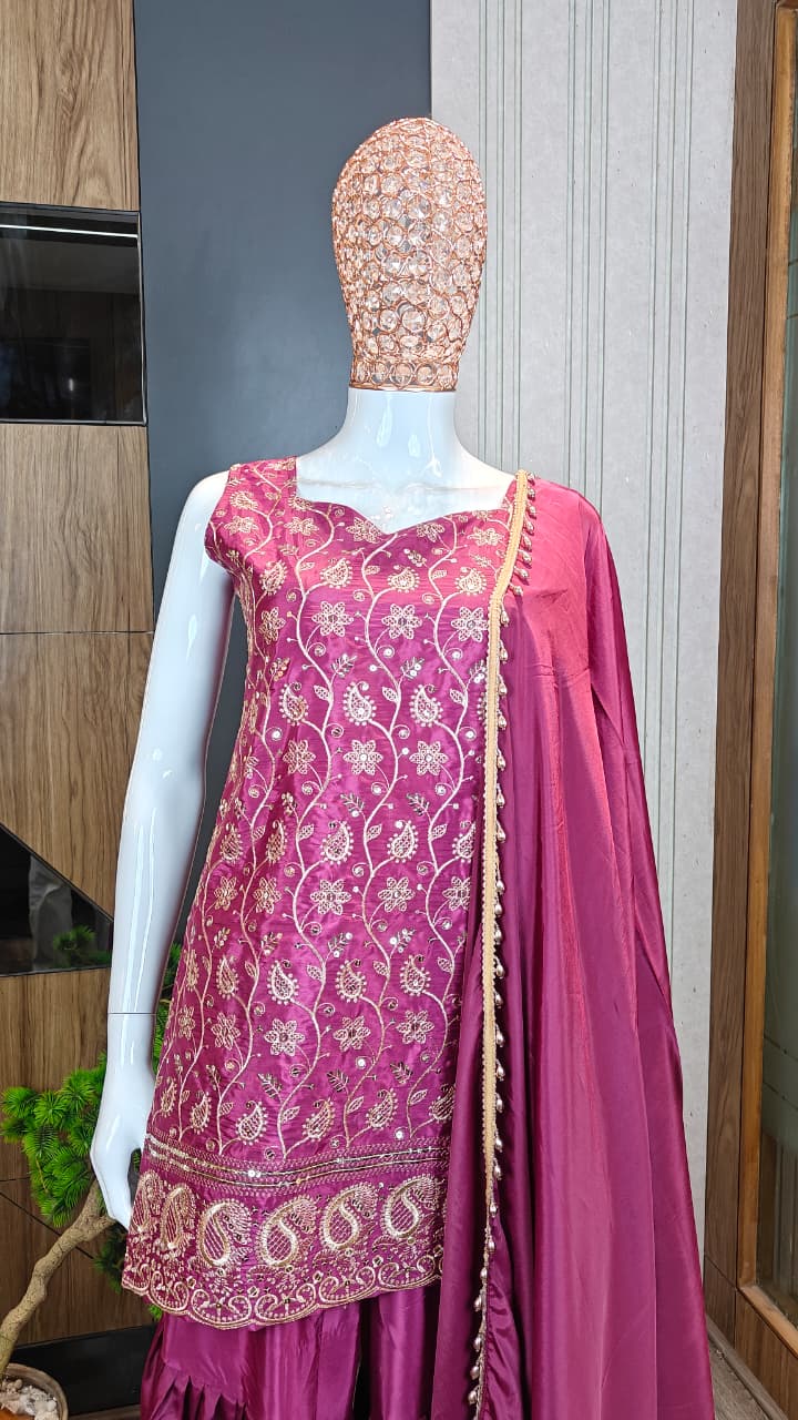 Maroon Embroidered French Crepe Kurta Sharara Set with Dupatta