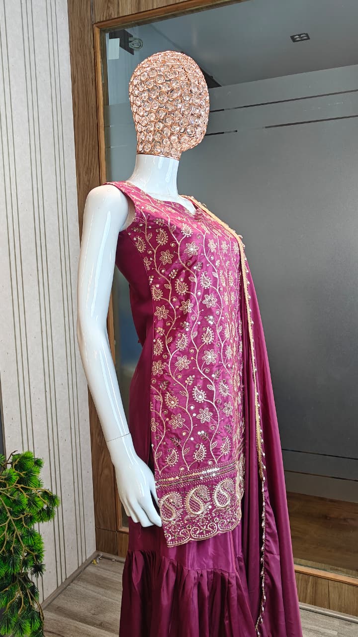 Maroon Embroidered French Crepe Kurta Sharara Set with Dupatta