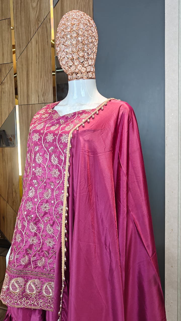 Maroon Embroidered French Crepe Kurta Sharara Set with Dupatta