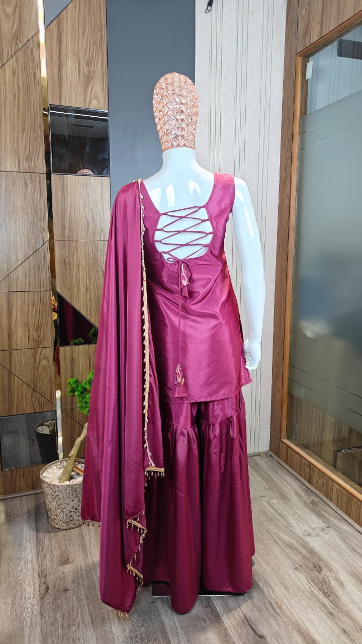 Maroon Embroidered French Crepe Kurta Sharara Set with Dupatta