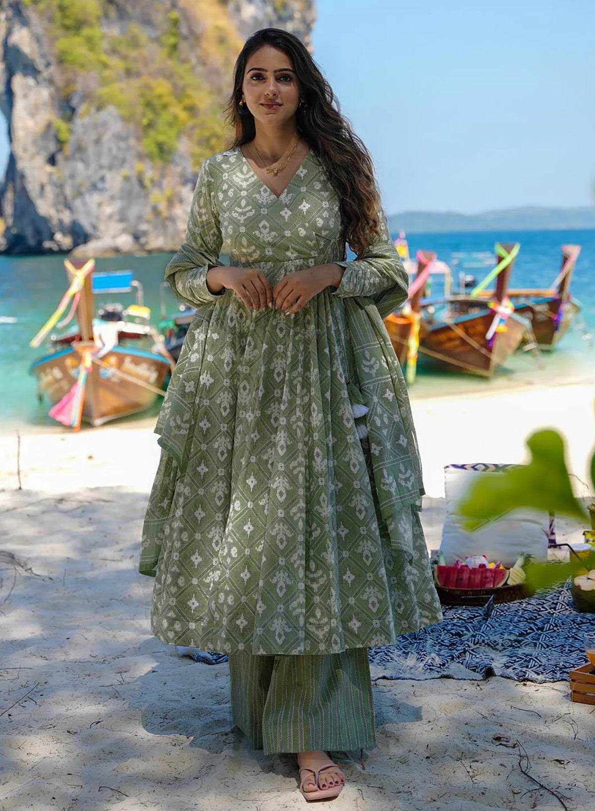 Pista Xena Printed Anarkali Pant Dupatta Set for Women