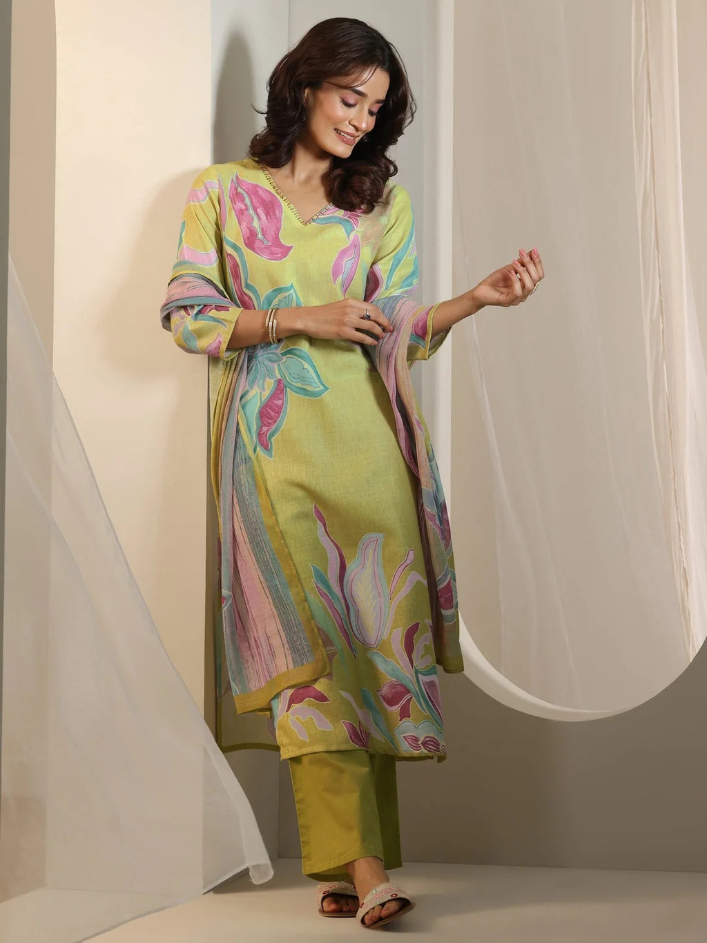 Multi Printed Cotton Blend Straight Suit Set With Dupatta
