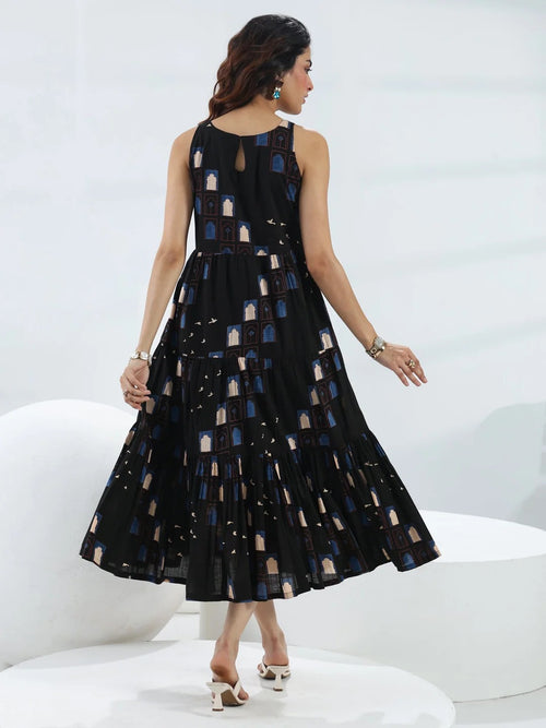 Black Quirky Printed Cotton Fit-And-Flare One-Piece Tiered Dress