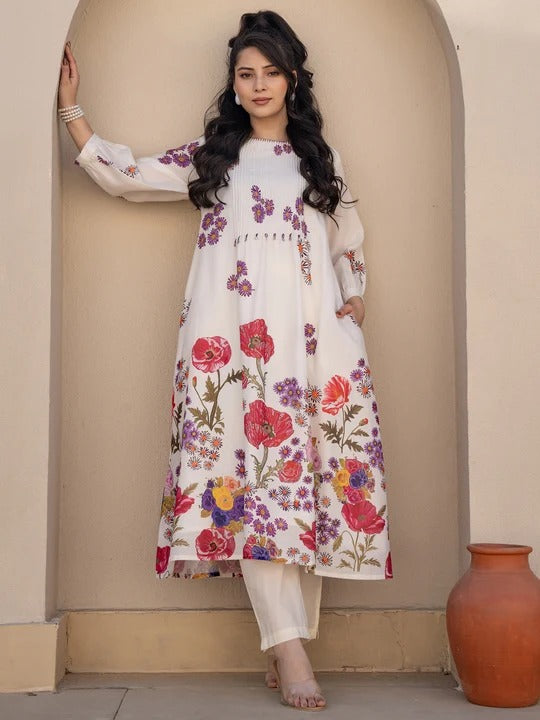 Off White Printed A Line Kurta Trouser set