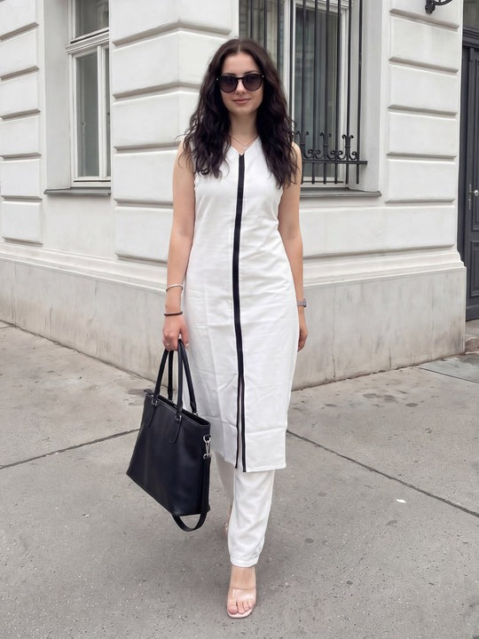 White Self Design Straight Kurta Trousers Set