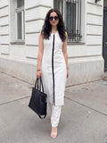 White Self Design Straight Kurta Trousers Set