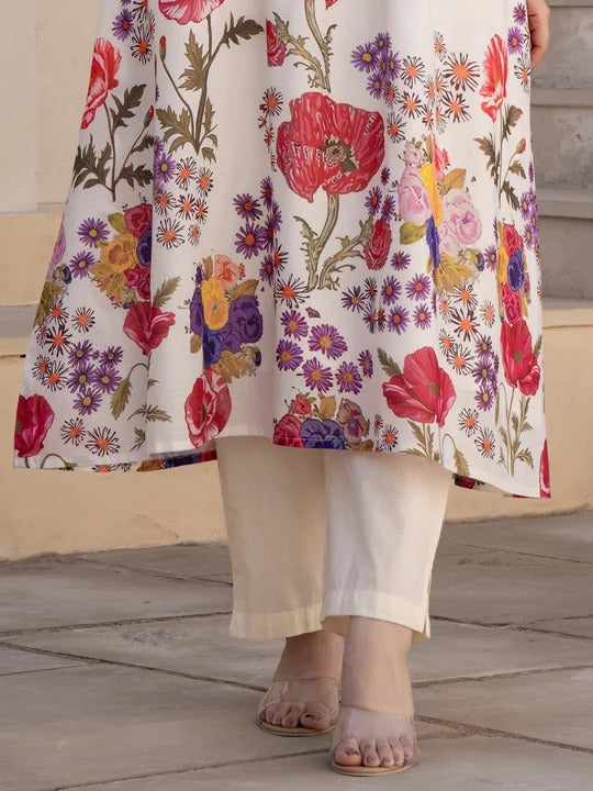 Off White Printed A Line Kurta Trouser set
