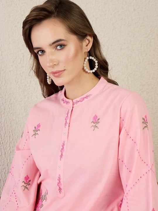 Pink Embroidered Pure Cotton Straight Kurta Sets