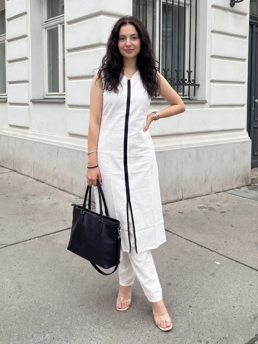 White Self Design Straight Kurta Trousers Set