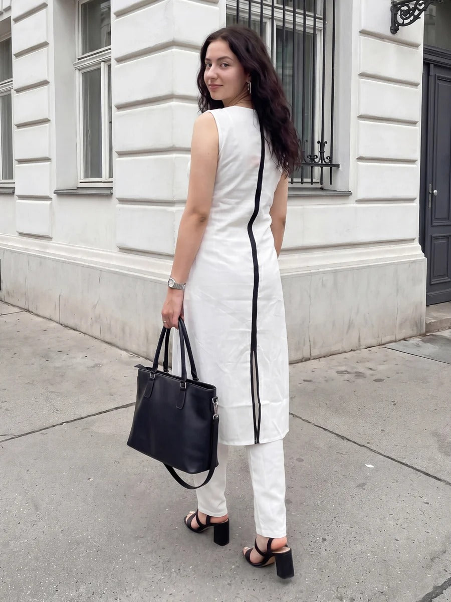 White Self Design Straight Kurta Trousers Set