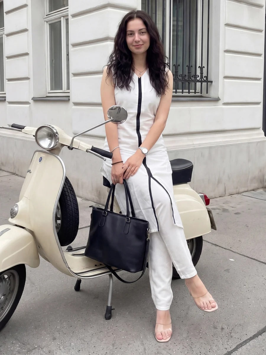White Self Design Straight Kurta Trousers Set