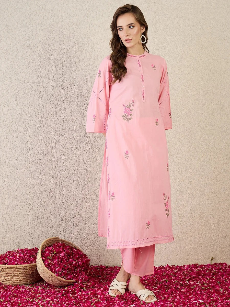 Pink Embroidered Pure Cotton Straight Kurta Sets