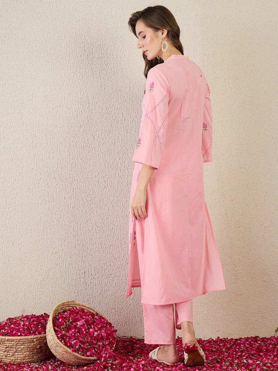 Pink Embroidered Pure Cotton Straight Kurta Sets