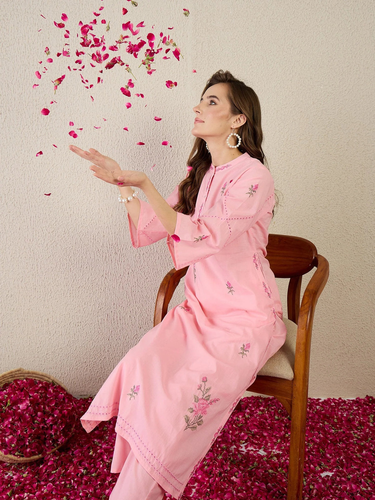 Pink Embroidered Pure Cotton Straight Kurta Sets