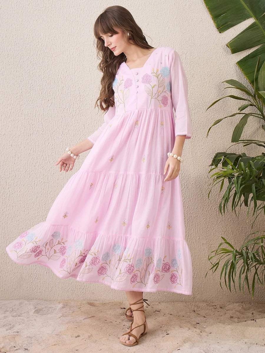 Pink Floral Embroidered Anarkali Dress