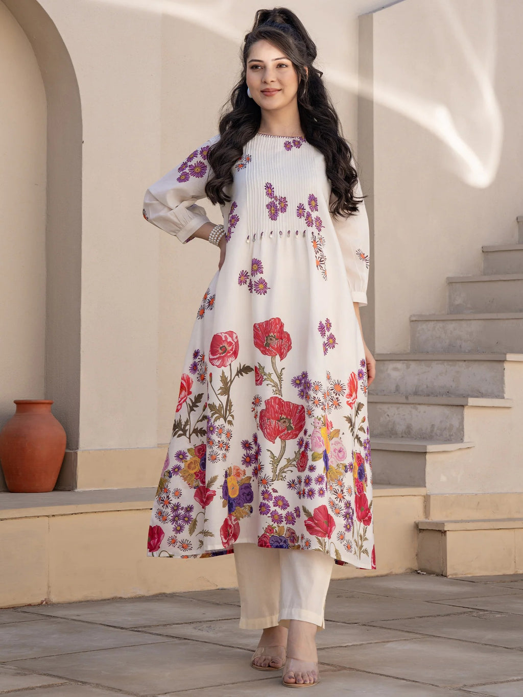Off White Printed A Line Kurta Trouser set