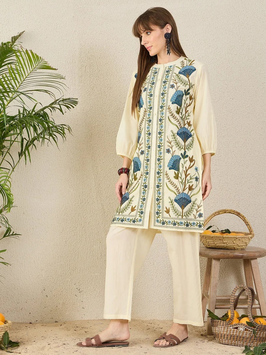 Off White Embroidered Pure Cotton Straight Kurta Palazzo Set