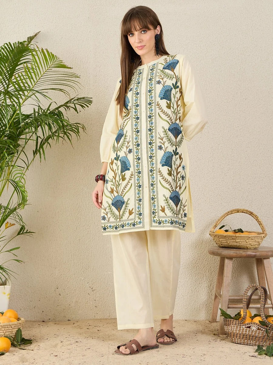 Off White Embroidered Pure Cotton Straight Kurta Palazzo Set
